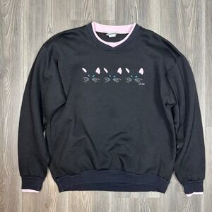 Vintage‎ 80s Black Cat Crewneck Sweatshirt Pink Trim Grandma Core Acton SIZE L